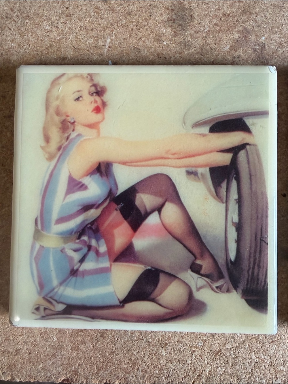 Retro Pin-Up Girl Decorative Tile - Blue & Purple Dress